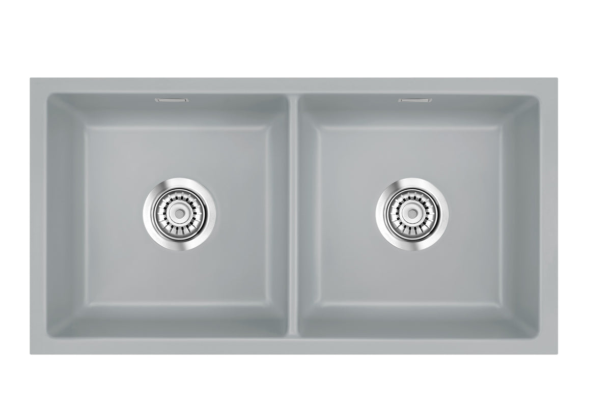 SYSTEMCERAM Einbauspüle Mera Twin F/o Titan 78 inkl. Excenterbetätigung, für 90 cm Schrankbreite, Spüle zum flächenbündigen Einbau ohne Hahnlochbank, inkl. 4 x Eckradien R 10 Flächenbündig keine Beckenlage 51620278