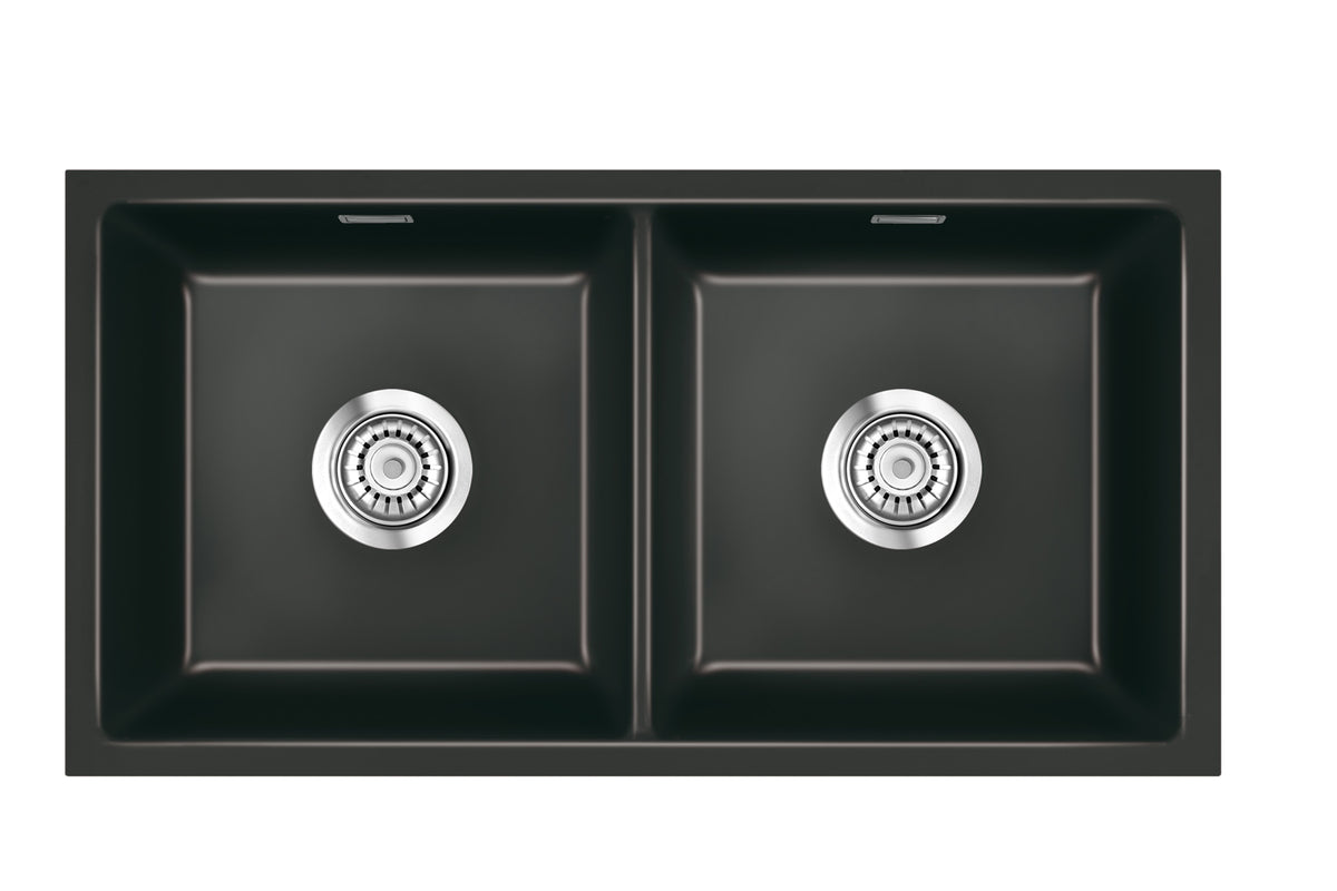 SYSTEMCERAM Einbauspüle Mera Twin U/g Nero 68 inkl. Excenterbetätigung, für 90 cm Schrankbreite, Spüle zum Unterbau mit geschliffener Oberseite Unterbau keine Beckenlage 54620268