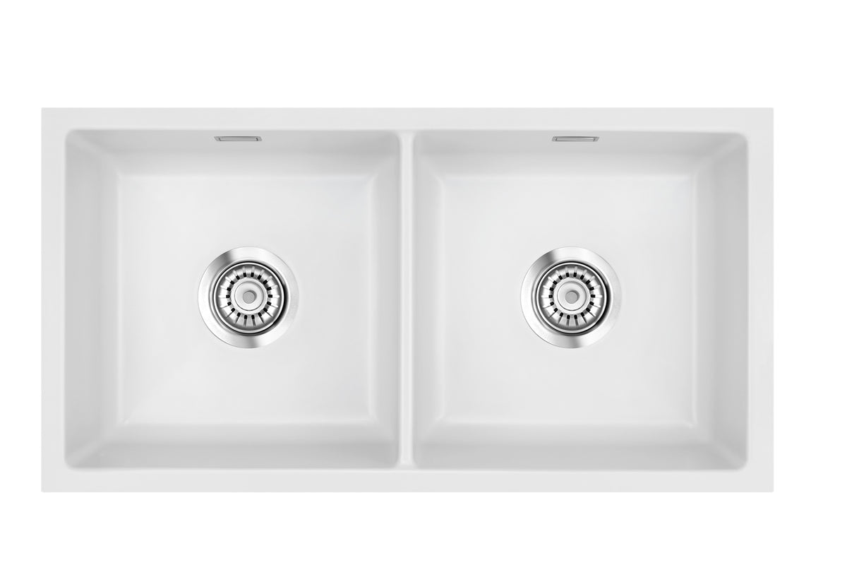 SYSTEMCERAM Einbauspüle Mera Twin U/g Satin 20 inkl. Handbetätigung, für 90 cm Schrankbreite, Spüle zum Unterbau mit geschliffener Oberseite Unterbau keine Beckenlage 54620120