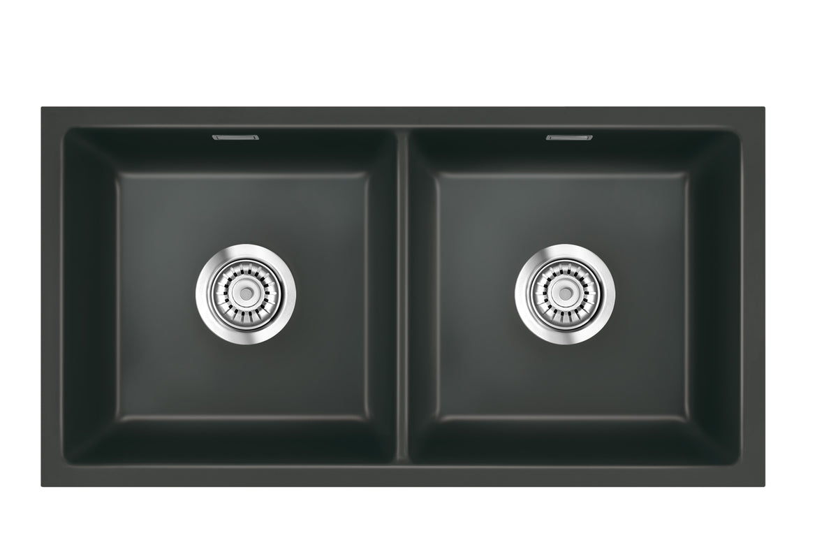 SYSTEMCERAM Einbauspüle Mera Twin U/g Schiefer 85 inkl. Excenterbetätigung, für 90 cm Schrankbreite, Spüle zum Unterbau mit geschliffener Oberseite Unterbau keine Beckenlage 54620285