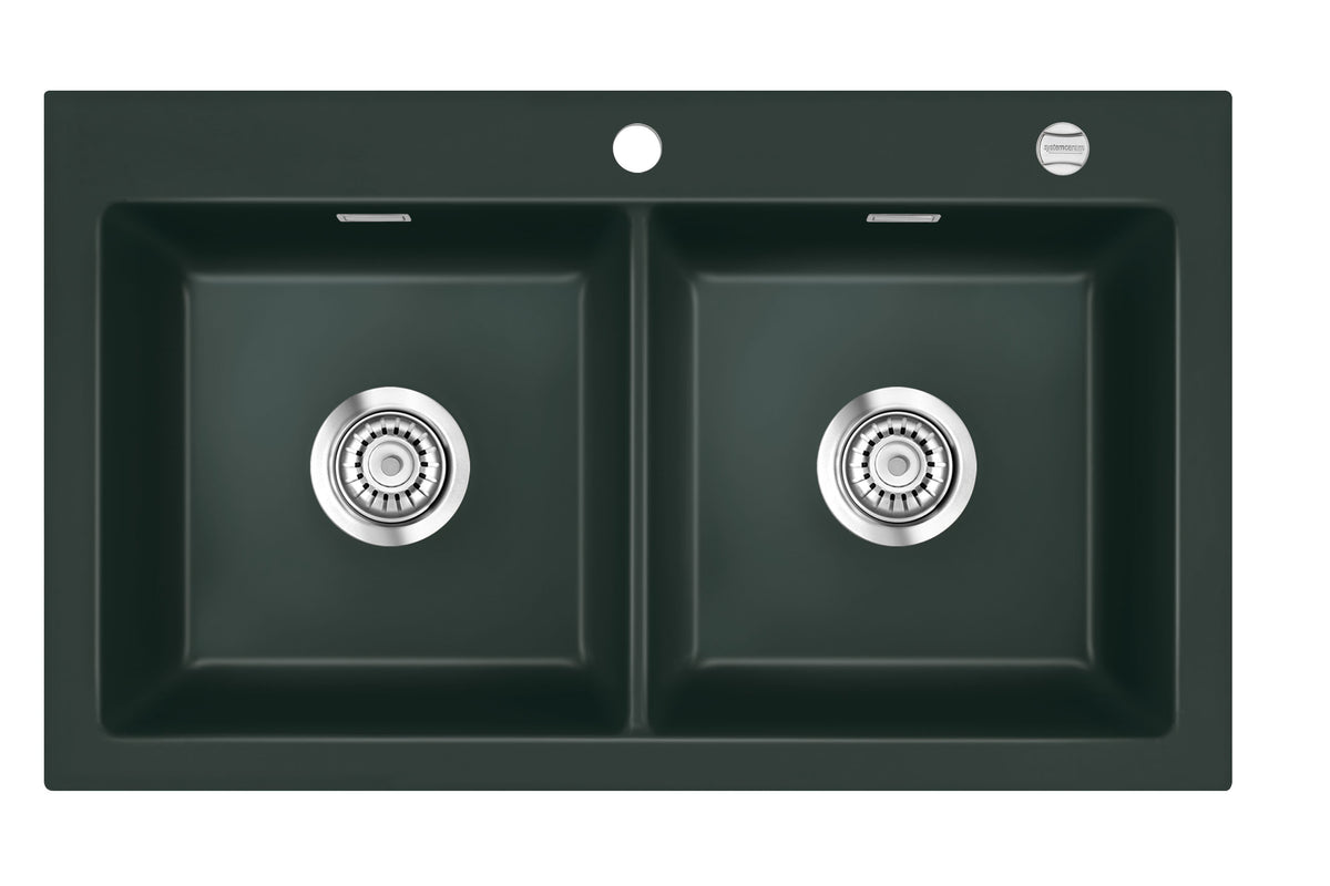 SYSTEMCERAM Einbauspüle Mera Twin F Eibe 56 inkl. Excenterbetätigung, für 90 cm Schrankbreite, Spüle zum flächenbündigen Einbau, inkl. 4 x Eckradien R 10 Auflage keine Beckenlage 55620256