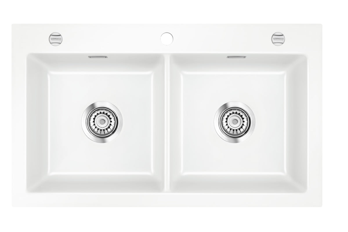 SYSTEMCERAM Einbauspüle Mera Twin F Grönland 12 inkl. Handbetätigung, für 90 cm Schrankbreite, Spüle zum flächenbündigen Einbau, inkl. 4 x Eckradien R 10 Auflage keine Beckenlage 55620112
