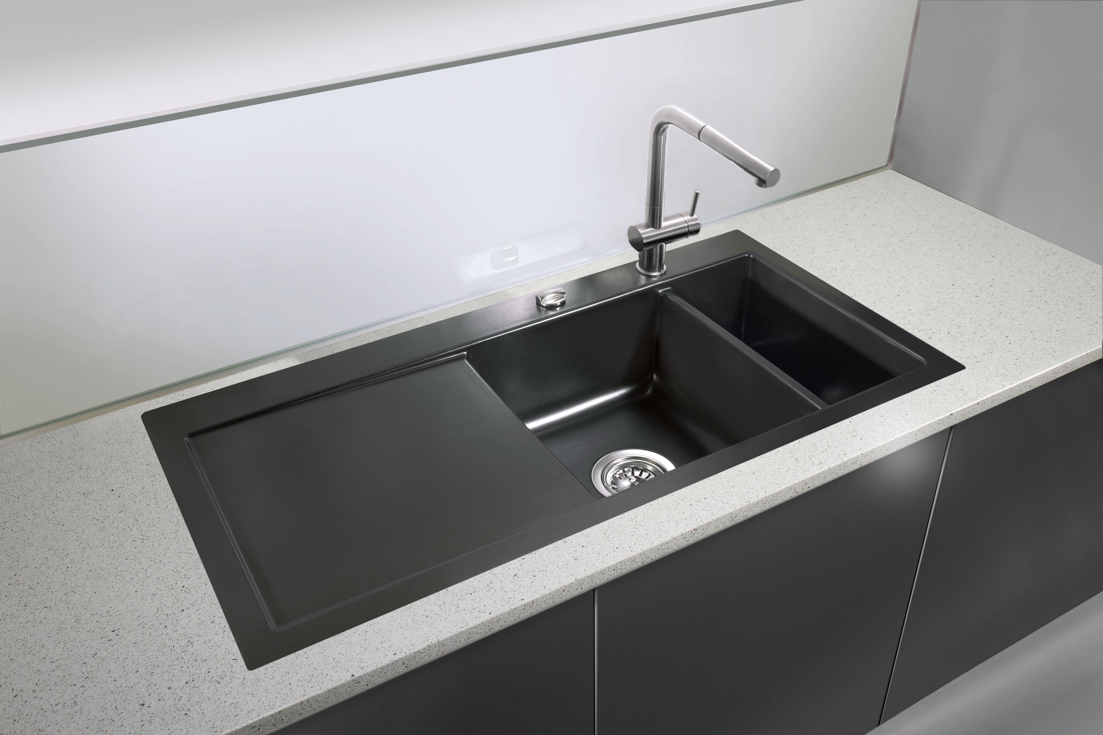 SYSTEMCERAM Einbauspüle Mera 100 F Be. Li. Nigra 87 inkl. Excenterbetätigung, für 60 cm Schrankbreite, Spüle zum flächenbündigen Einbau, inkl. 4 x Eckradien R 10 Auflage Becken links 55770287