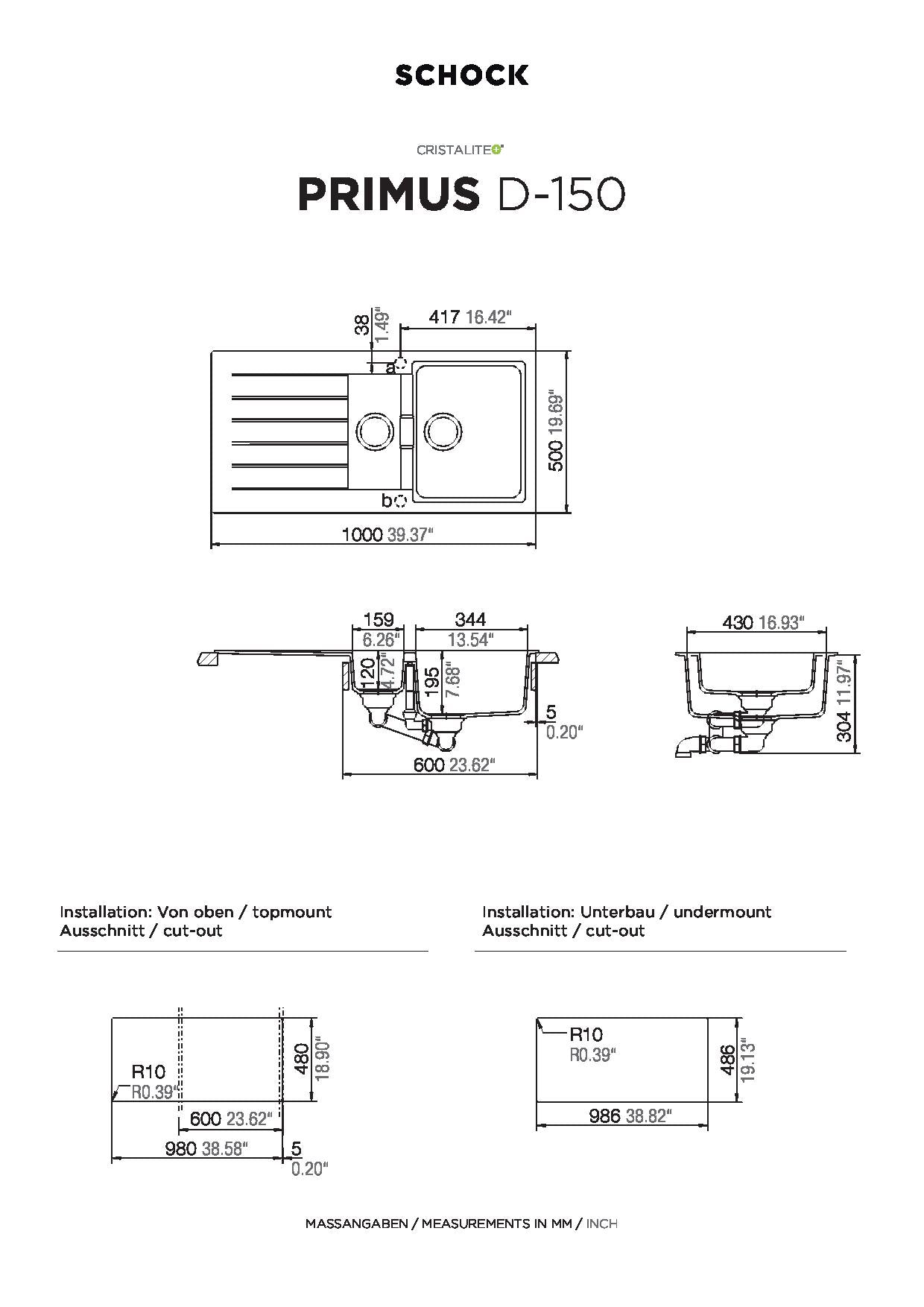 SCHOCK Spüle Auflage Primus D-150-A Cristalite Nero PRID150AGNE