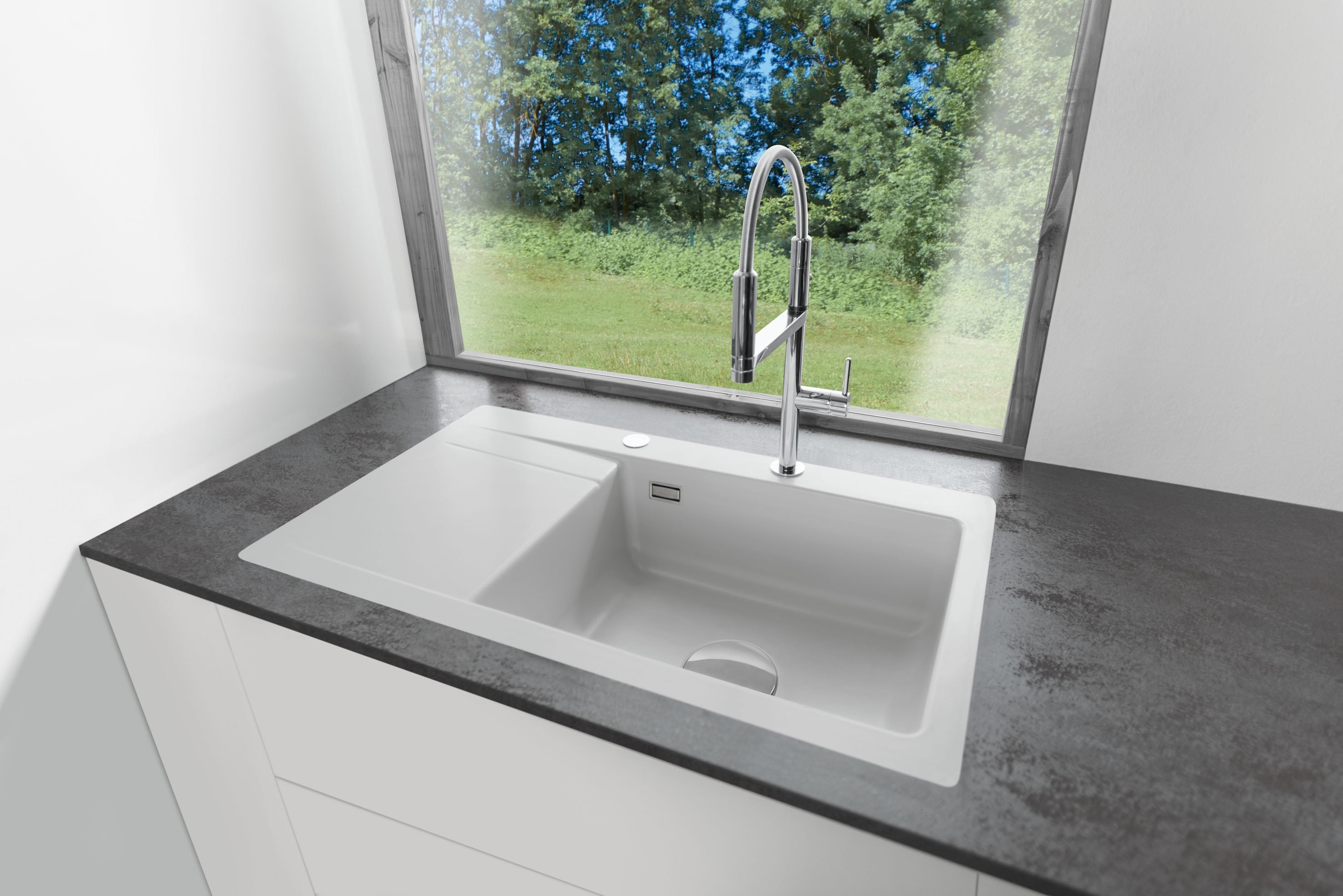 SYSTEMCERAM Einbauspüle Stema 86 SL/F Be. Li. Alu 76 inkl. Excenterbetätigung, für 60 cm Schrankbreite, Spüle zum flächenbündigen Einbau, inkl. 4 x Eckradien R 10 Auflage Becken links 55110276
