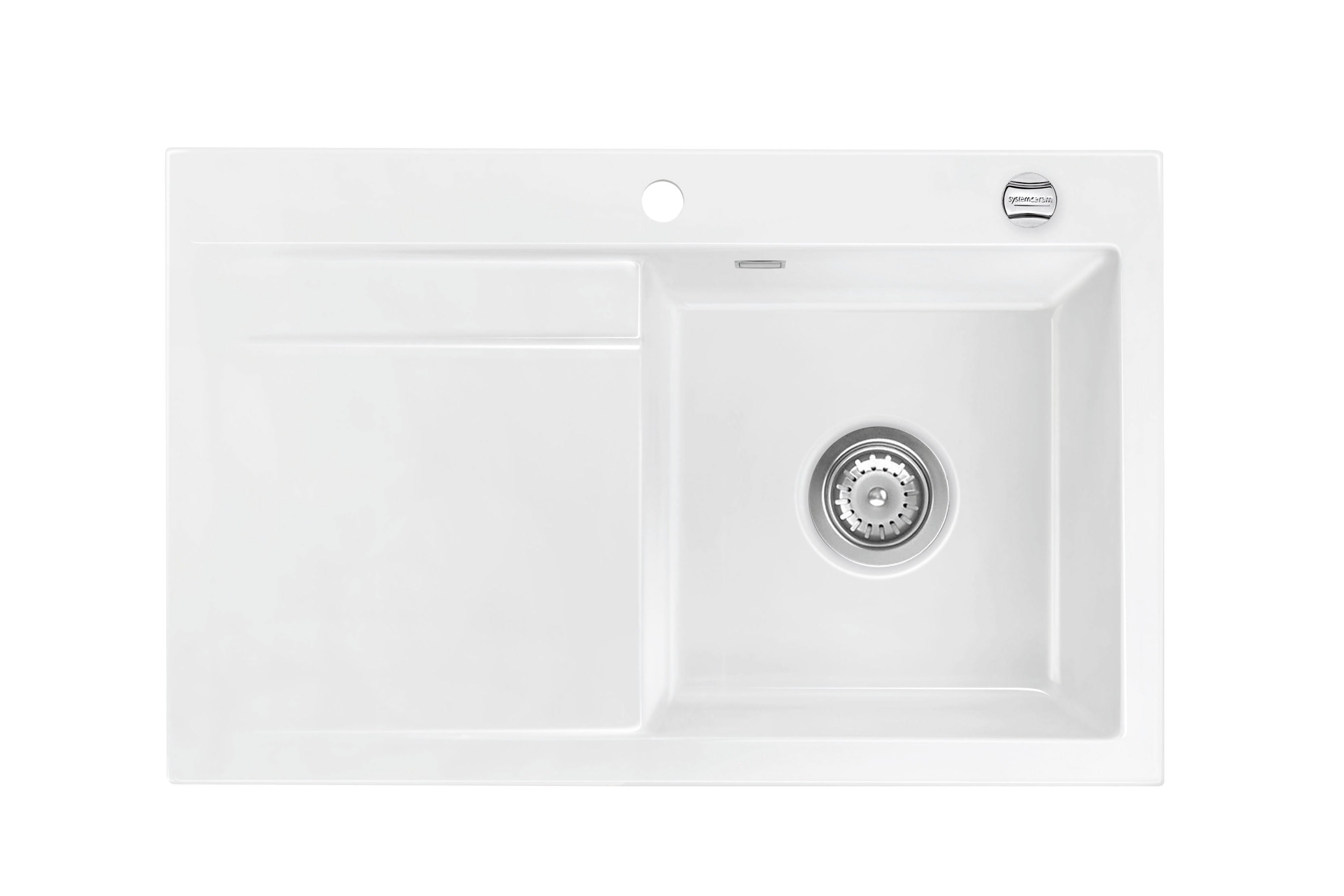 SYSTEMCERAM Einbauspüle Stema 80 F Be. Re. Grönland 12 inkl. Handbetätigung, für 45 cm Schrankbreite, Spüle zum flächenbündigen Einbau, inkl. 4 x Eckradien R 10 Auflage Becken rechts 55540112