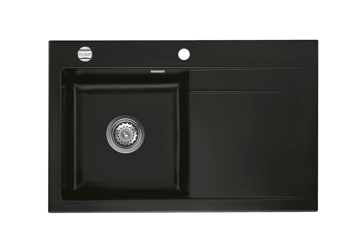 SYSTEMCERAM Einbauspüle Stema 80 F Be. Li. Nigra 87 inkl. Excenterbetätigung, für 45 cm Schrankbreite, Spüle zum flächenbündigen Einbau, inkl. 4 x Eckradien R 10 Auflage Becken links 55550287