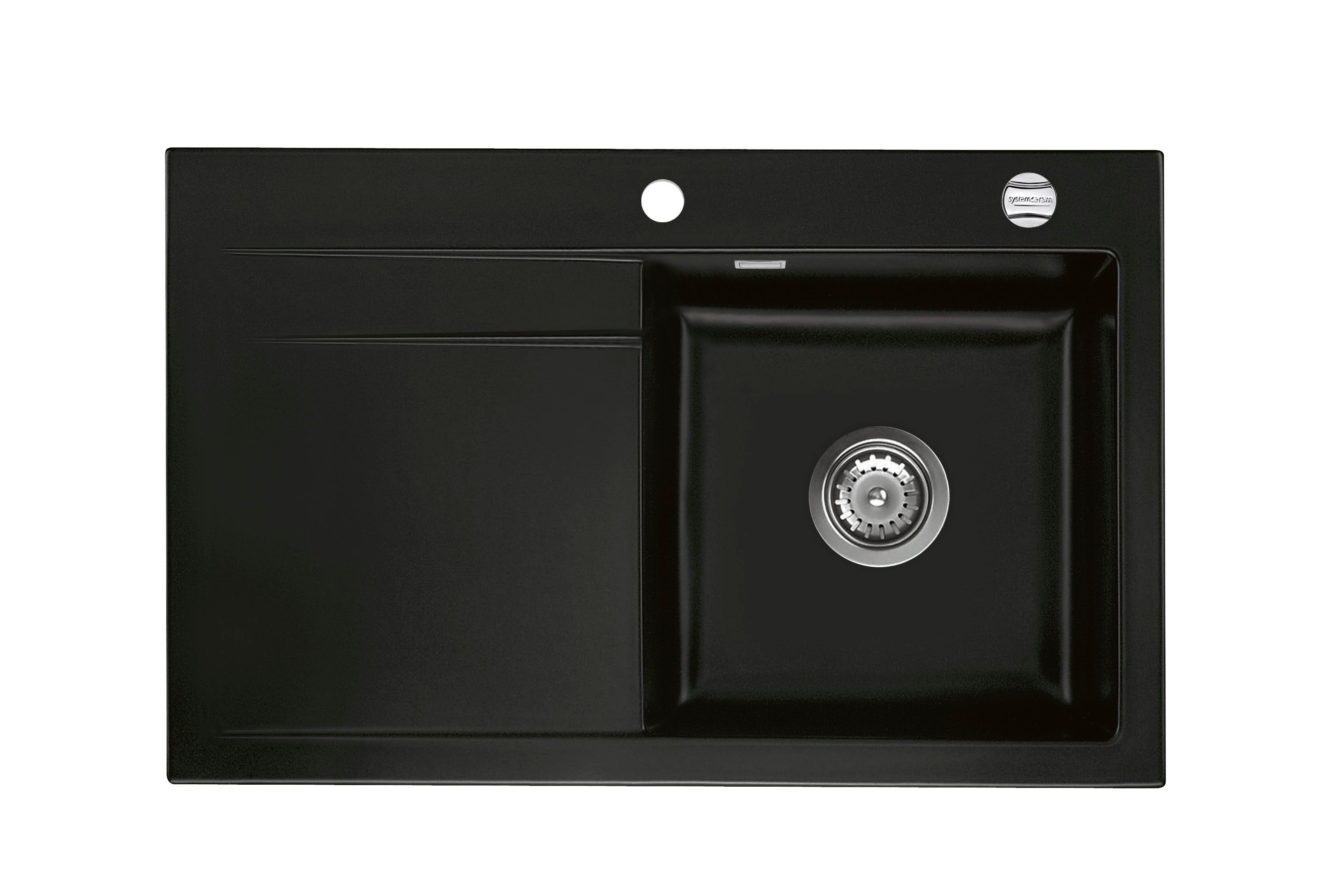 SYSTEMCERAM Einbauspüle Stema 80 F Be. Re. Nigra 87 inkl. Excenterbetätigung, für 45 cm Schrankbreite, Spüle zum flächenbündigen Einbau, inkl. 4 x Eckradien R 10 Auflage Becken rechts 55540287