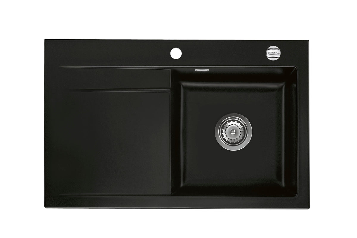 SYSTEMCERAM Einbauspüle Stema 80 F Be. Re. Nigra 87 inkl. Excenterbetätigung, für 45 cm Schrankbreite, Spüle zum flächenbündigen Einbau, inkl. 4 x Eckradien R 10 Auflage Becken rechts 55540287