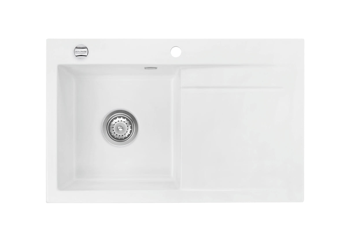 SYSTEMCERAM Einbauspüle Stema 80 F Be. Li. Polar 13 inkl. Excenterbetätigung, für 45 cm Schrankbreite, Spüle zum flächenbündigen Einbau, inkl. 4 x Eckradien R 10 Auflage Becken links 55550213