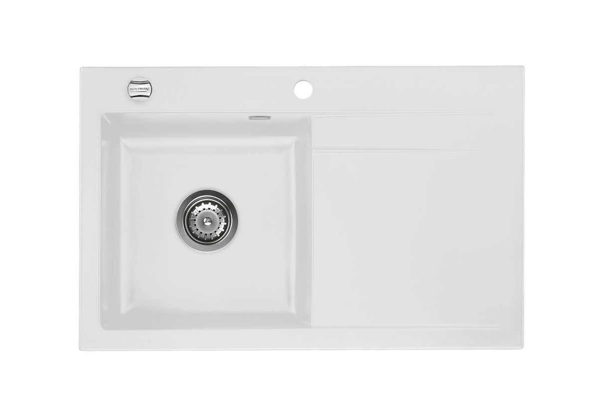 SYSTEMCERAM Einbauspüle Stema 80 Be. Li. Satin 20 inkl. Handbetätigung, für 45 cm Schrankbreite, Einbauspüle Auflage Becken links 50550120