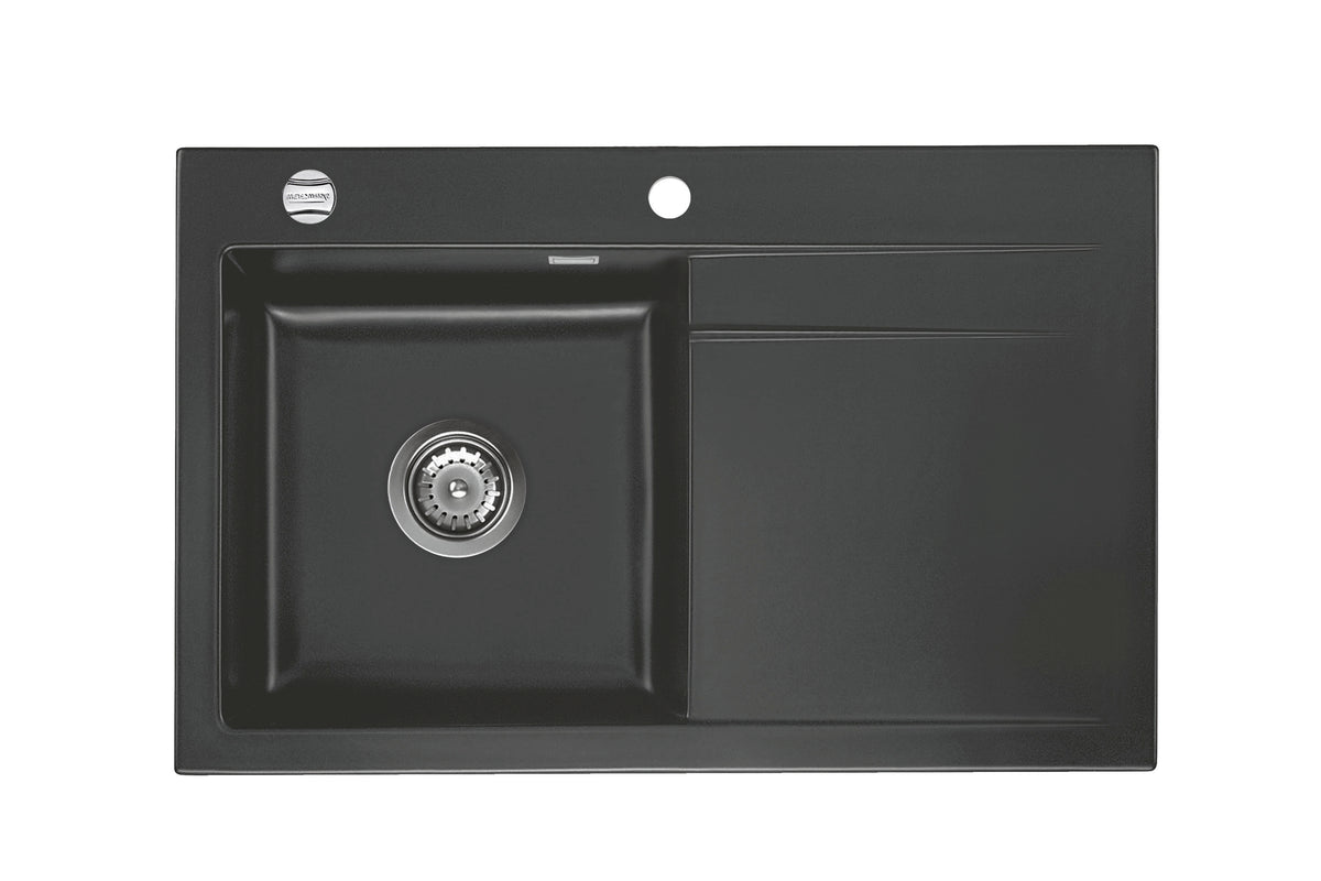 SYSTEMCERAM Einbauspüle Stema 80 F Be. Li. Schiefer 85 inkl. Handbetätigung, für 45 cm Schrankbreite, Spüle zum flächenbündigen Einbau, inkl. 4 x Eckradien R 10 Auflage Becken links 55550185