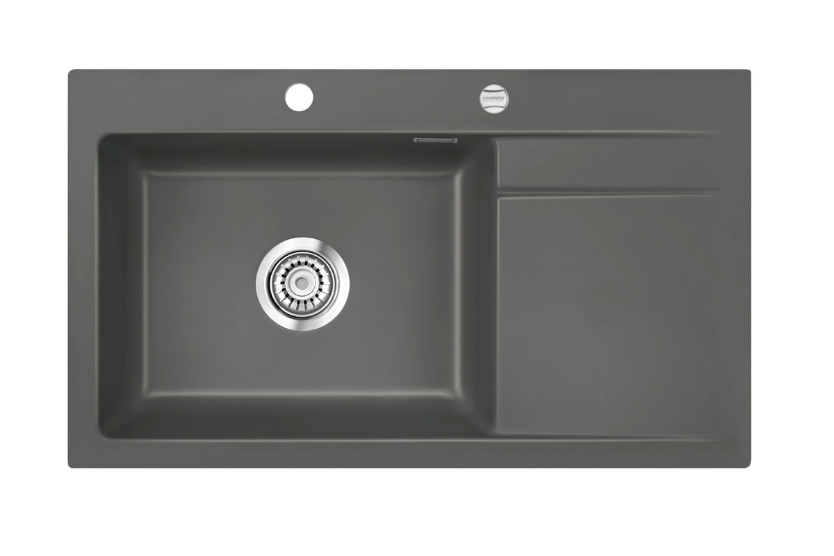SYSTEMCERAM Einbauspüle Stema 86 SL/F Be. Li. Lava 80 inkl. Handbetätigung, für 60 cm Schrankbreite, Spüle zum flächenbündigen Einbau, inkl. 4 x Eckradien R 10 Auflage Becken links 55110180