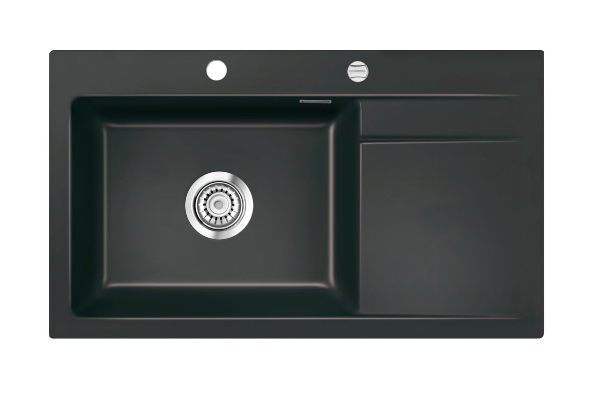 SYSTEMCERAM Einbauspüle Stema 86 SL Be. li. Nigra 87 inkl. Handbetätigung, für 60 cm Schrankbreite, Einbauspüle Auflage Becken links 50110187