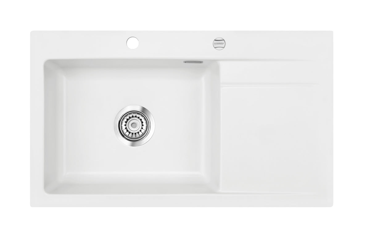 SYSTEMCERAM Einbauspüle Stema 86 SL/F Be. Li. Polar 13 inkl. Excenterbetätigung, für 60 cm Schrankbreite, Spüle zum flächenbündigen Einbau, inkl. 4 x Eckradien R 10 Auflage Becken links 55110213