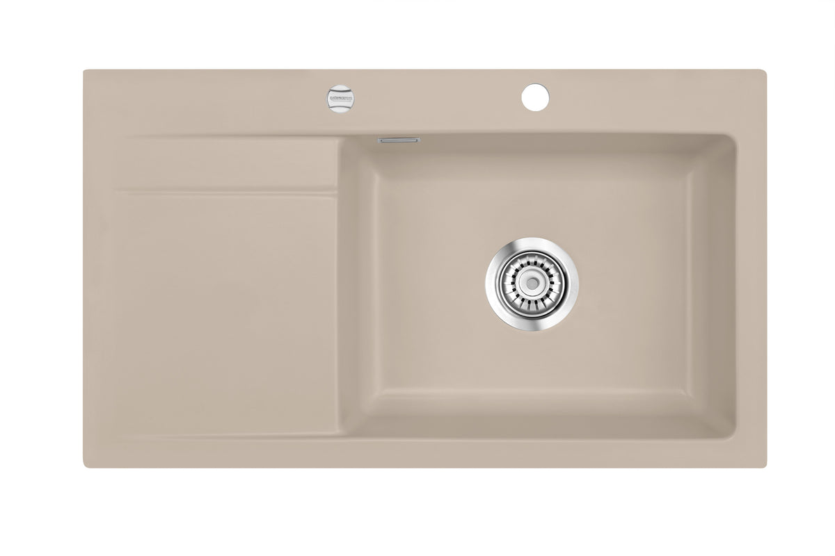 SYSTEMCERAM Einbauspüle Stema 86 SL/F Be. Re. Fango 23 inkl. Excenterbetätigung, für 60 cm Schrankbreite, Spüle zum flächenbündigen Einbau, inkl. 4 x Eckradien R 10 Auflage Becken rechts 55100223