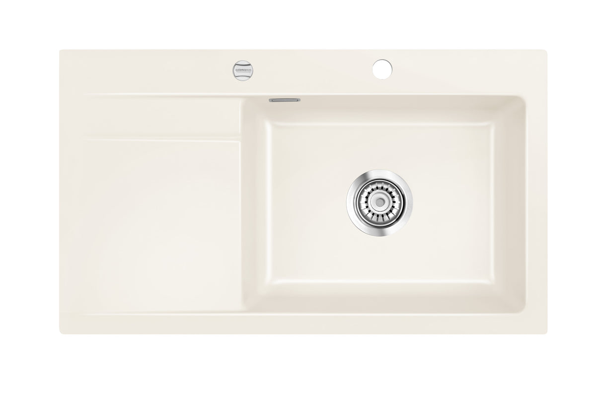 SYSTEMCERAM Einbauspüle Stema 86 SL/F Be. Re. Magnolie 10 inkl. Handbetätigung, für 60 cm Schrankbreite, Spüle zum flächenbündigen Einbau, inkl. 4 x Eckradien R 10 Auflage Becken rechts 55100110