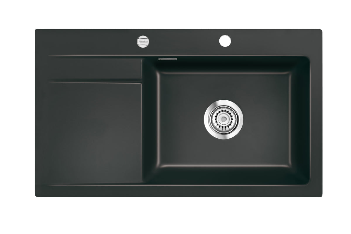 SYSTEMCERAM Einbauspüle Stema 86 SL/F Be. Re. Nigra 87 inkl. Excenterbetätigung, für 60 cm Schrankbreite, Spüle zum flächenbündigen Einbau, inkl. 4 x Eckradien R 10 Auflage Becken rechts 55100287