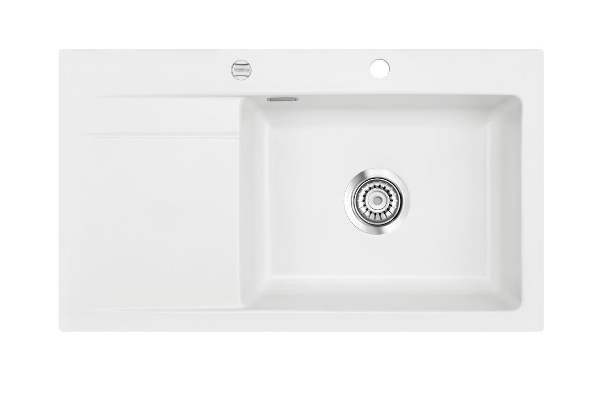 SYSTEMCERAM Einbauspüle Stema 86 SL/F Be. Re. Polar 13 inkl. Excenterbetätigung, für 60 cm Schrankbreite, Spüle zum flächenbündigen Einbau, inkl. 4 x Eckradien R 10 Auflage Becken rechts 55100213