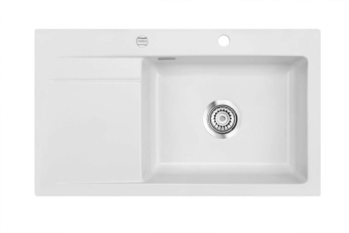 SYSTEMCERAM Einbauspüle Stema 86 SL Be. re. Satin 20 inkl. Handbetätigung, für 60 cm Schrankbreite, Einbauspüle Auflage Becken rechts 50100120