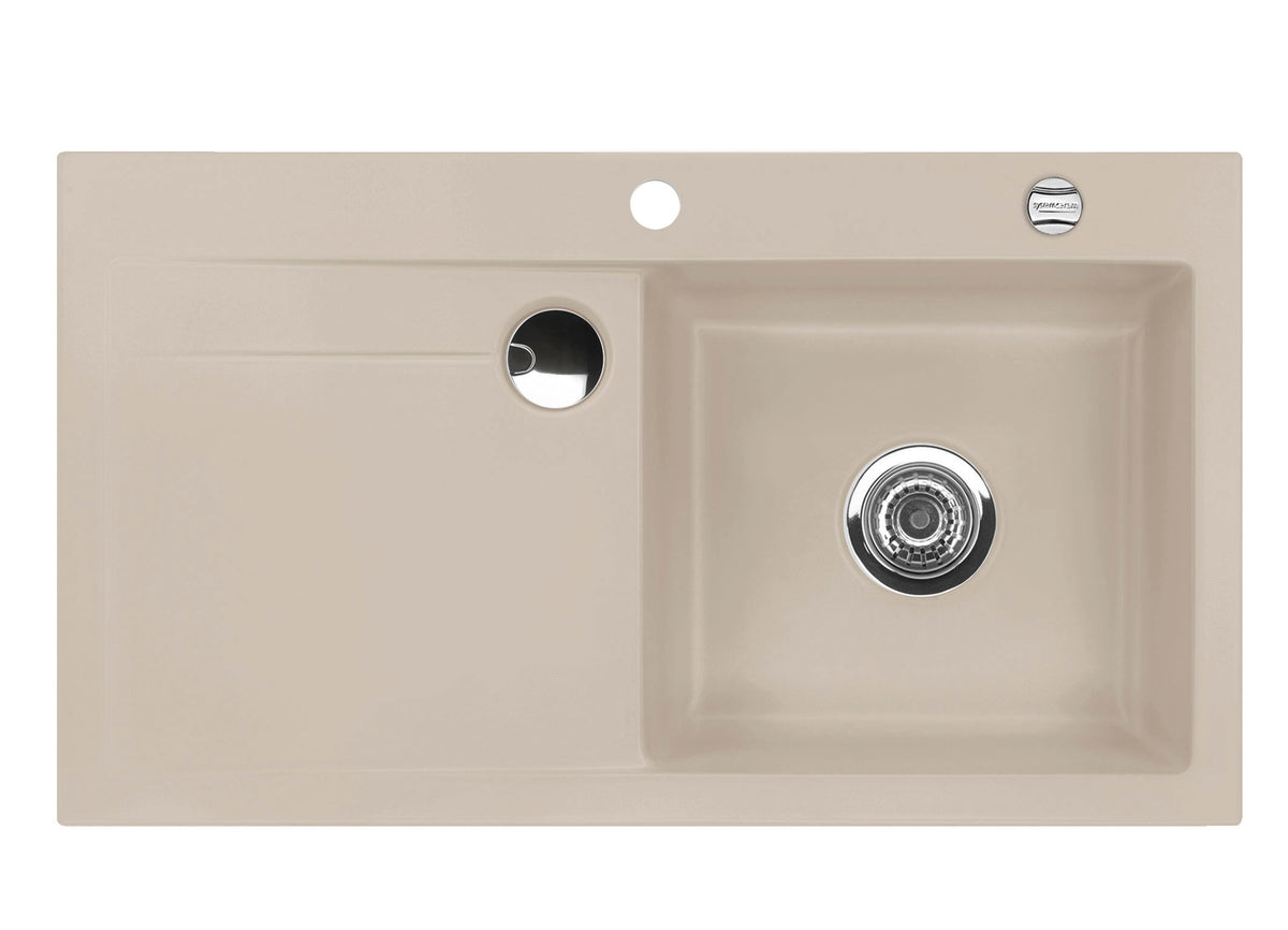 SYSTEMCERAM Einbauspüle Stema 90 Be. Re. Fango 23 inkl. Handbetätigung, für 60 cm Schrankbreite, Einbauspüle mit Sinktop Resteausguss Auflage Becken rechts 50520123