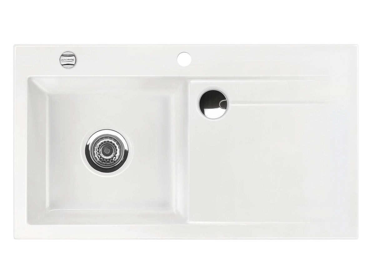 SYSTEMCERAM Einbauspüle Stema 90 F Be. Li. Grönland 12 inkl. Excenterbetätigung, für 60 cm Schrankbreite, Spüle zum flächenbündigen Einbau mit Sinktop Resteausguss, inkl. 4 x Eckradien R 10 Auflage Becken links 55530212