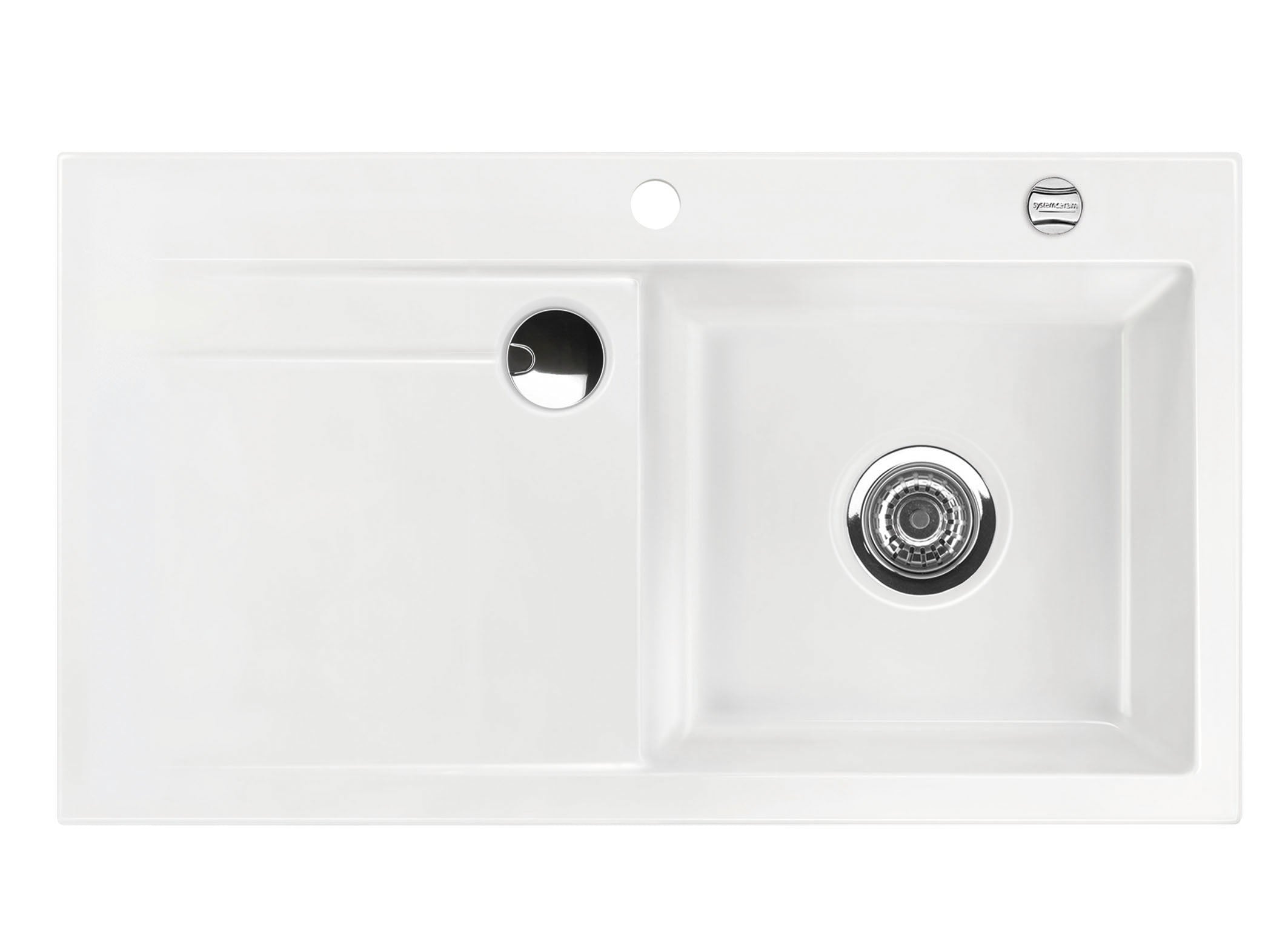 SYSTEMCERAM Einbauspüle Stema 90 F Be. Re. Grönland 12 inkl. Excenterbetätigung, für 60 cm Schrankbreite, Spüle zum flächenbündigen Einbau mit Sinktop Resteausguss, inkl. 4 x Eckradien R 10 Auflage Becken rechts 55520212