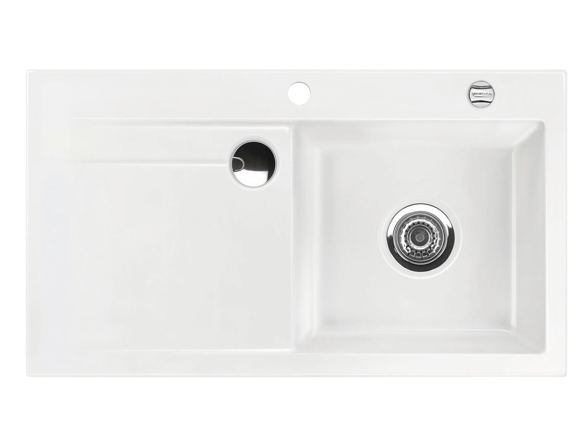 SYSTEMCERAM Einbauspüle Stema 90 F Be. Re. Grönland 12 inkl. Excenterbetätigung, für 60 cm Schrankbreite, Spüle zum flächenbündigen Einbau mit Sinktop Resteausguss, inkl. 4 x Eckradien R 10 Auflage Becken rechts 55520212