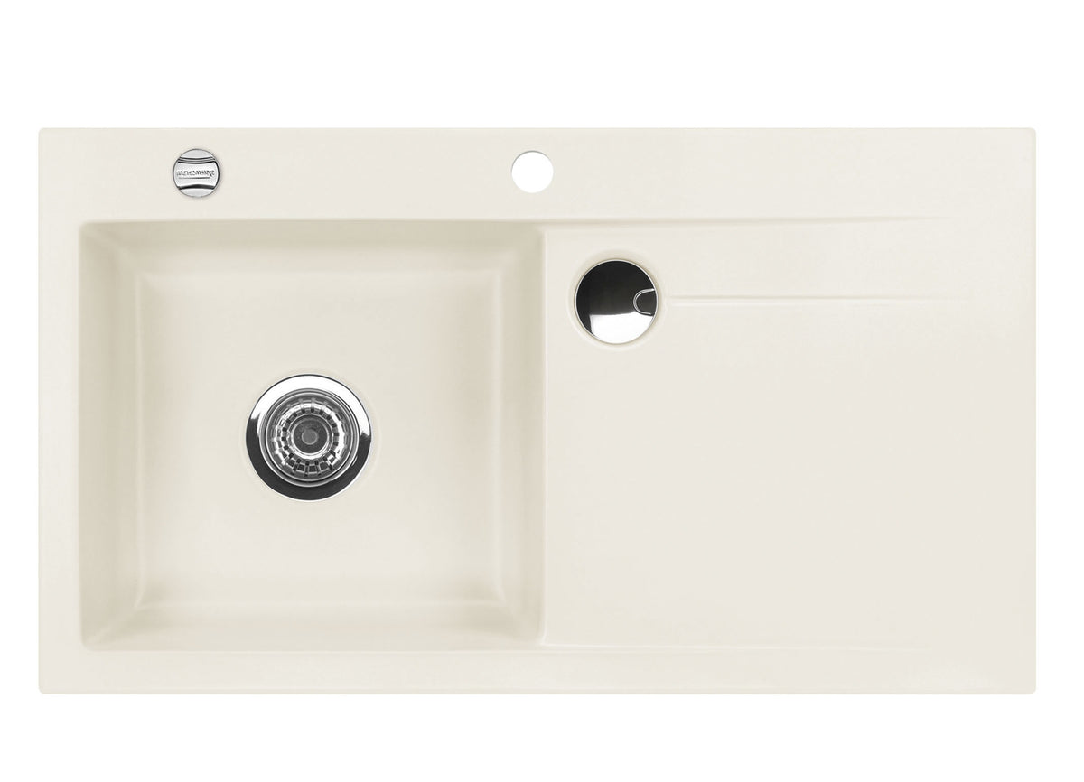 SYSTEMCERAM Einbauspüle Stema 90 F Be. Li. Jasmin 19 inkl. Handbetätigung, für 60 cm Schrankbreite, Spüle zum flächenbündigen Einbau mit Sinktop Resteausguss, inkl. 4 x Eckradien R 10 Auflage Becken links 55530119