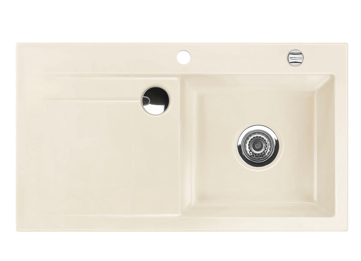 SYSTEMCERAM Einbauspüle Stema 90 Be. Re. Magnolie 10 inkl. Handbetätigung, für 60 cm Schrankbreite, Einbauspüle mit Sinktop Resteausguss Auflage Becken rechts 50520110