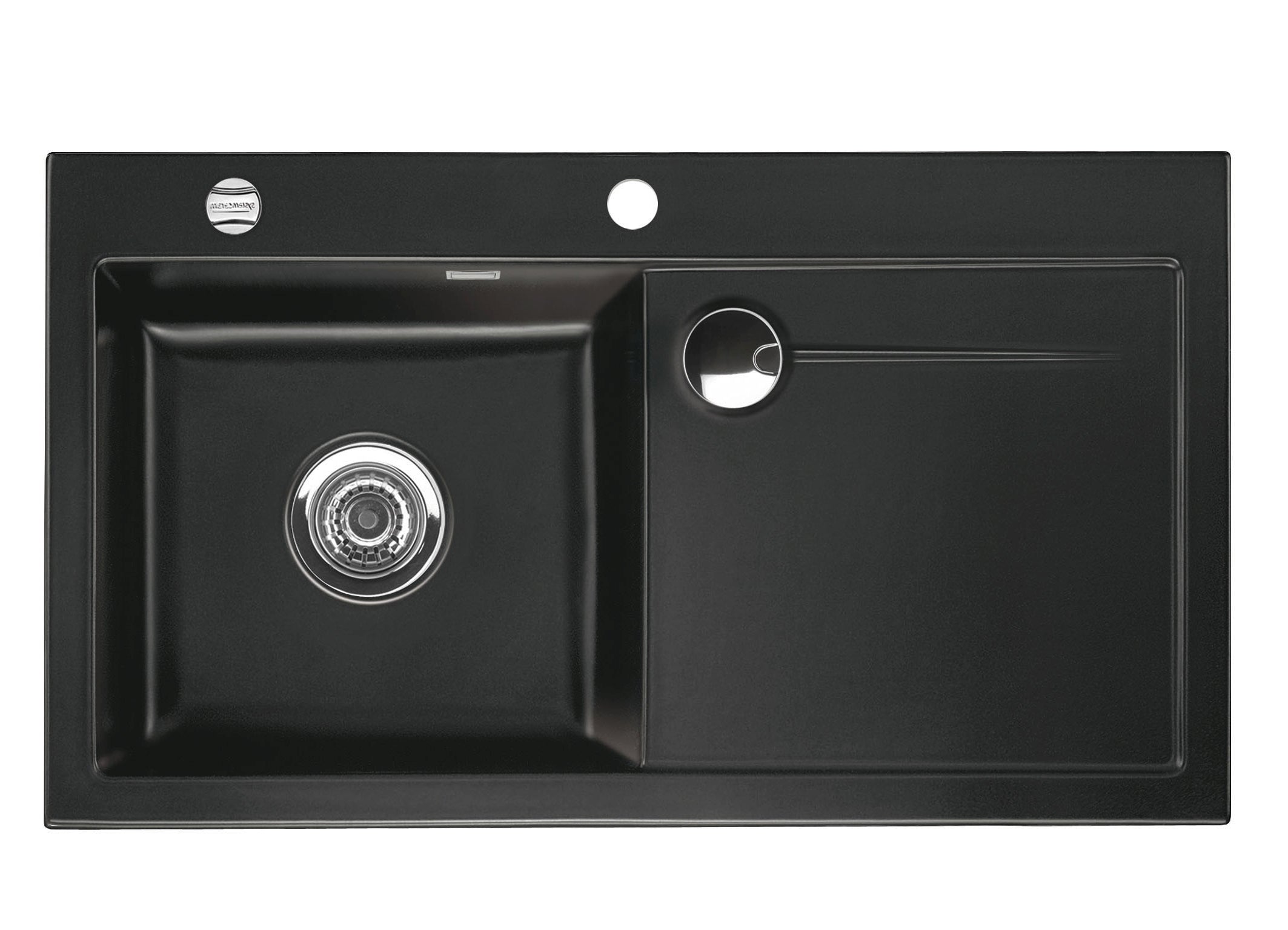 SYSTEMCERAM Einbauspüle Stema 90 F Be. Li. Nero 68 inkl. Excenterbetätigung, für 60 cm Schrankbreite, Spüle zum flächenbündigen Einbau mit Sinktop Resteausguss, inkl. 4 x Eckradien R 10 Auflage Becken links 55530268