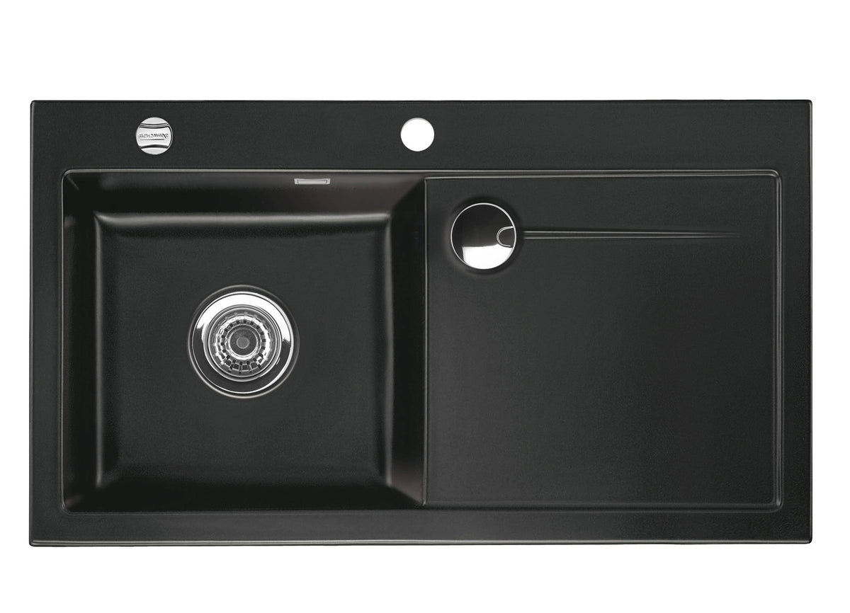 SYSTEMCERAM Einbauspüle Stema 90 F Be. Li. Nero 68 inkl. Excenterbetätigung, für 60 cm Schrankbreite, Spüle zum flächenbündigen Einbau mit Sinktop Resteausguss, inkl. 4 x Eckradien R 10 Auflage Becken links 55530268