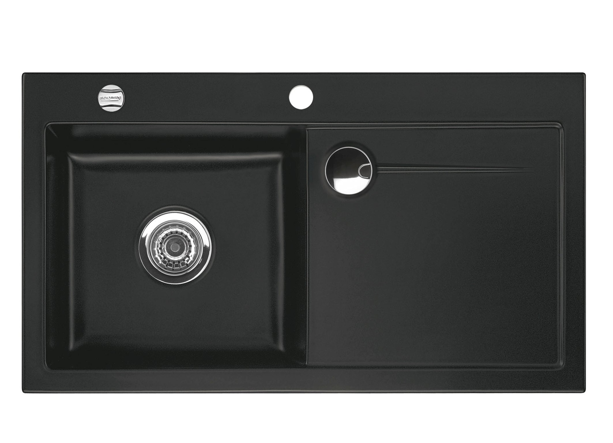 SYSTEMCERAM Einbauspüle Stema 90 F Be. Li. Nigra 87 inkl. Handbetätigung, für 60 cm Schrankbreite, Spüle zum flächenbündigen Einbau mit Sinktop Resteausguss, inkl. 4 x Eckradien R 10 Auflage Becken links 55530187