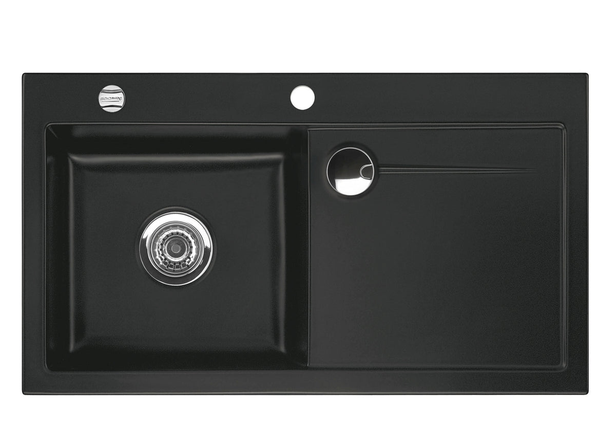 SYSTEMCERAM Einbauspüle Stema 90 F Be. Li. Nigra 87 inkl. Handbetätigung, für 60 cm Schrankbreite, Spüle zum flächenbündigen Einbau mit Sinktop Resteausguss, inkl. 4 x Eckradien R 10 Auflage Becken links 55530187