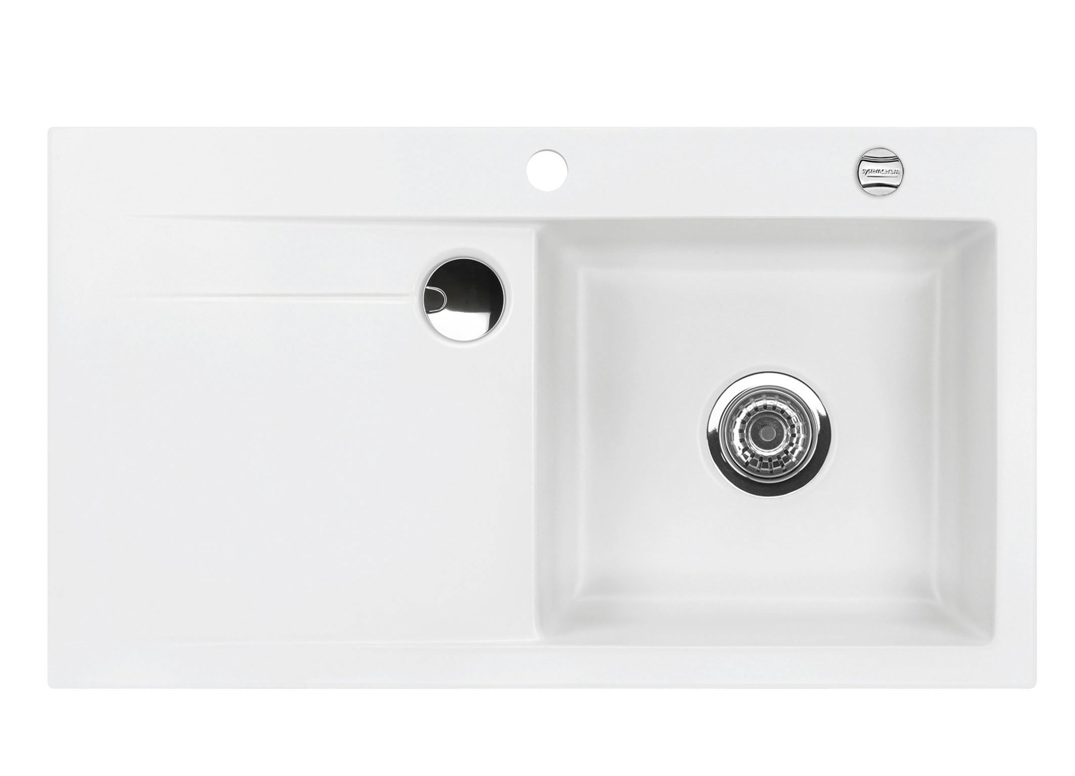 SYSTEMCERAM Einbauspüle Stema 90 F Be. Re. Polar 13 inkl. Excenterbetätigung, für 60 cm Schrankbreite, Spüle zum flächenbündigen Einbau mit Sinktop Resteausguss, inkl. 4 x Eckradien R 10 Auflage Becken rechts 55520213