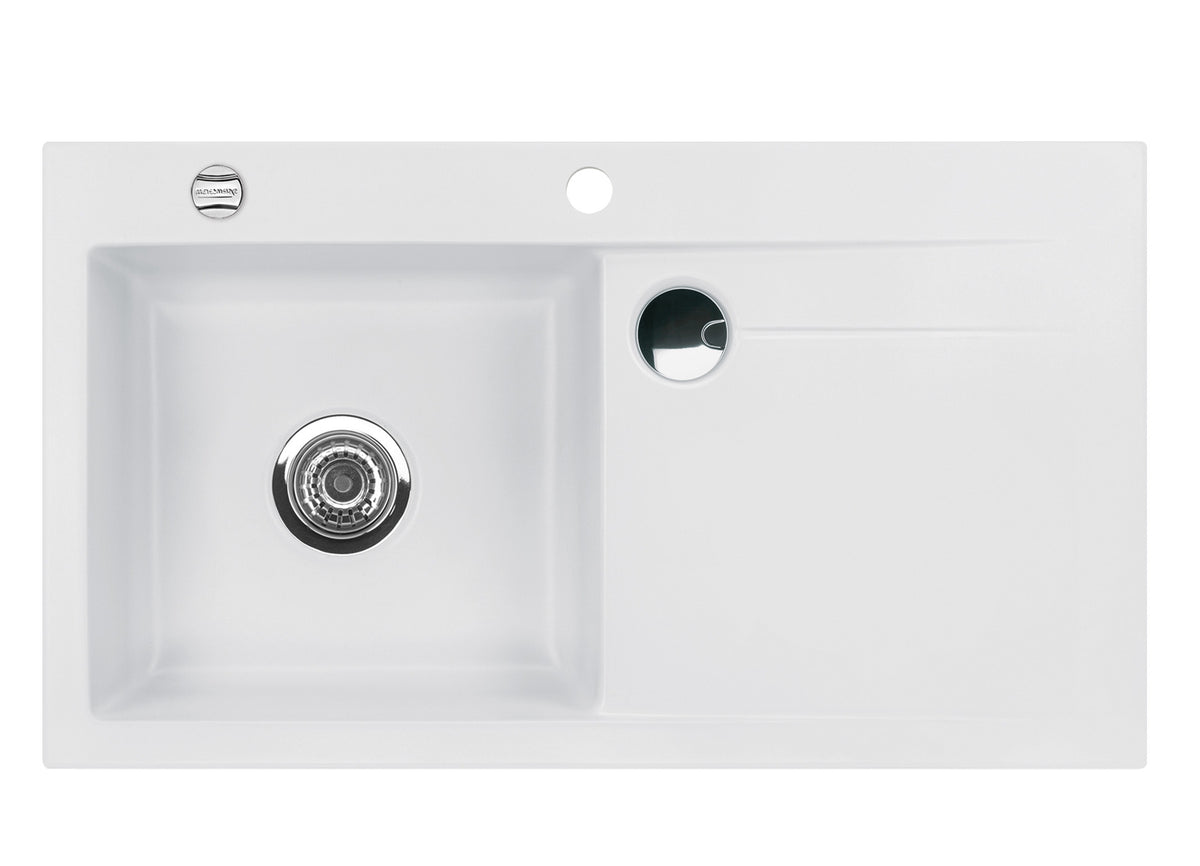 SYSTEMCERAM Einbauspüle Stema 90 Be. Li. Satin 20 inkl. Handbetätigung, für 60 cm Schrankbreite, Einbauspüle mit Sinktop Resteausguss Auflage Becken links 50530120