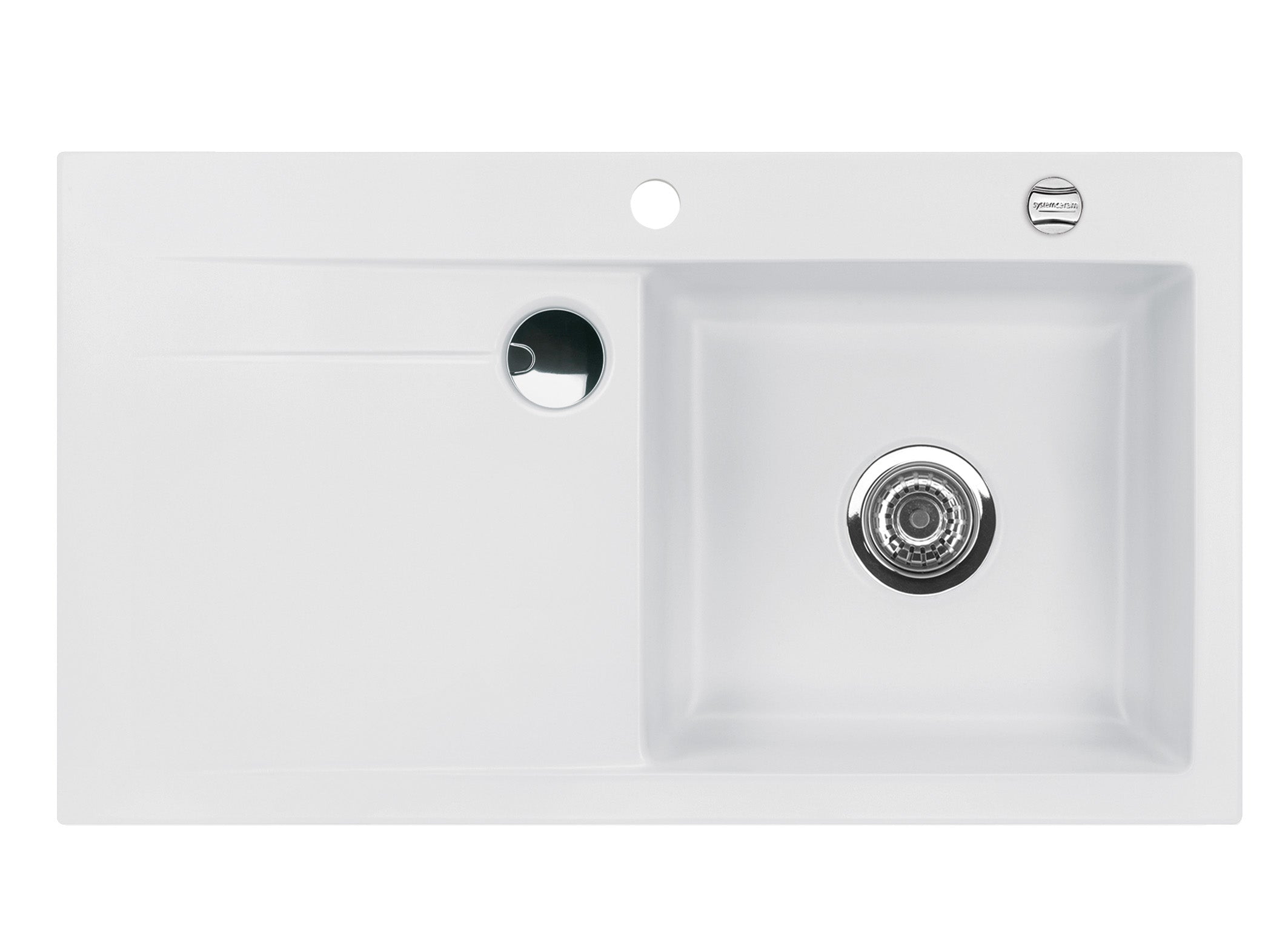 SYSTEMCERAM Einbauspüle Stema 90 F Be. Re. Satin 20 inkl. Handbetätigung, für 60 cm Schrankbreite, Spüle zum flächenbündigen Einbau mit Sinktop Resteausguss, inkl. 4 x Eckradien R 10 Auflage Becken rechts 55520120