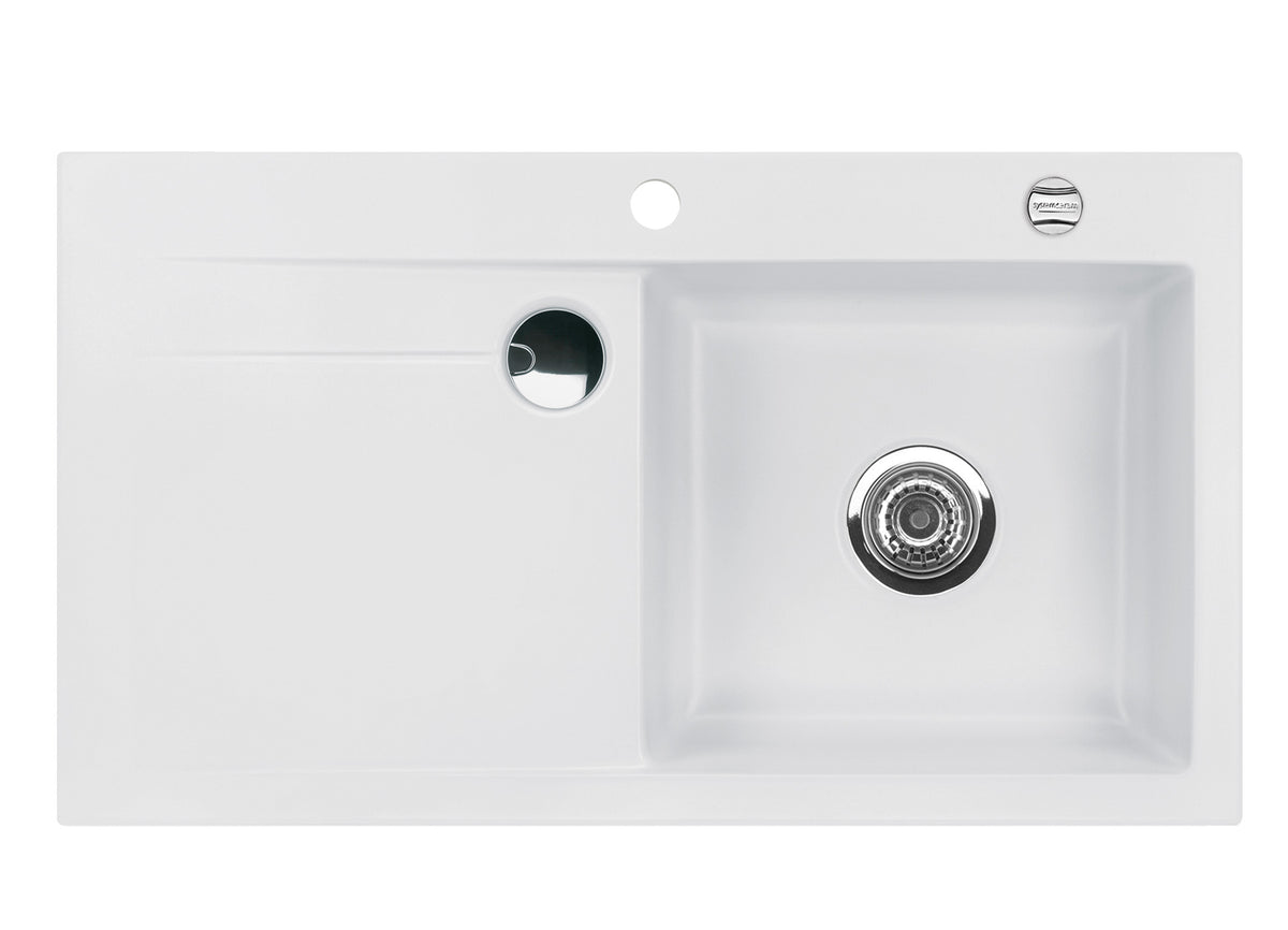 SYSTEMCERAM Einbauspüle Stema 90 F Be. Re. Satin 20 inkl. Handbetätigung, für 60 cm Schrankbreite, Spüle zum flächenbündigen Einbau mit Sinktop Resteausguss, inkl. 4 x Eckradien R 10 Auflage Becken rechts 55520120