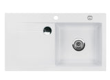 SYSTEMCERAM Einbauspüle Stema 90 F Be. Re. Satin 20 inkl. Handbetätigung, für 60 cm Schrankbreite, Spüle zum flächenbündigen Einbau mit Sinktop Resteausguss, inkl. 4 x Eckradien R 10 Auflage Becken rechts 55520120