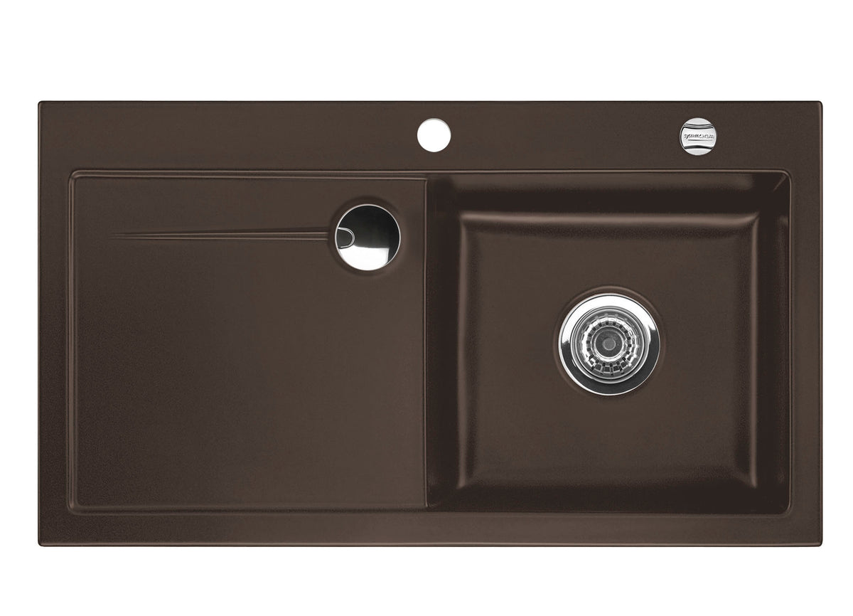 SYSTEMCERAM Einbauspüle Stema 90 F Be. Re. Siena 65 inkl. Handbetätigung, für 60 cm Schrankbreite, Spüle zum flächenbündigen Einbau mit Sinktop Resteausguss, inkl. 4 x Eckradien R 10 Auflage Becken rechts 55520165