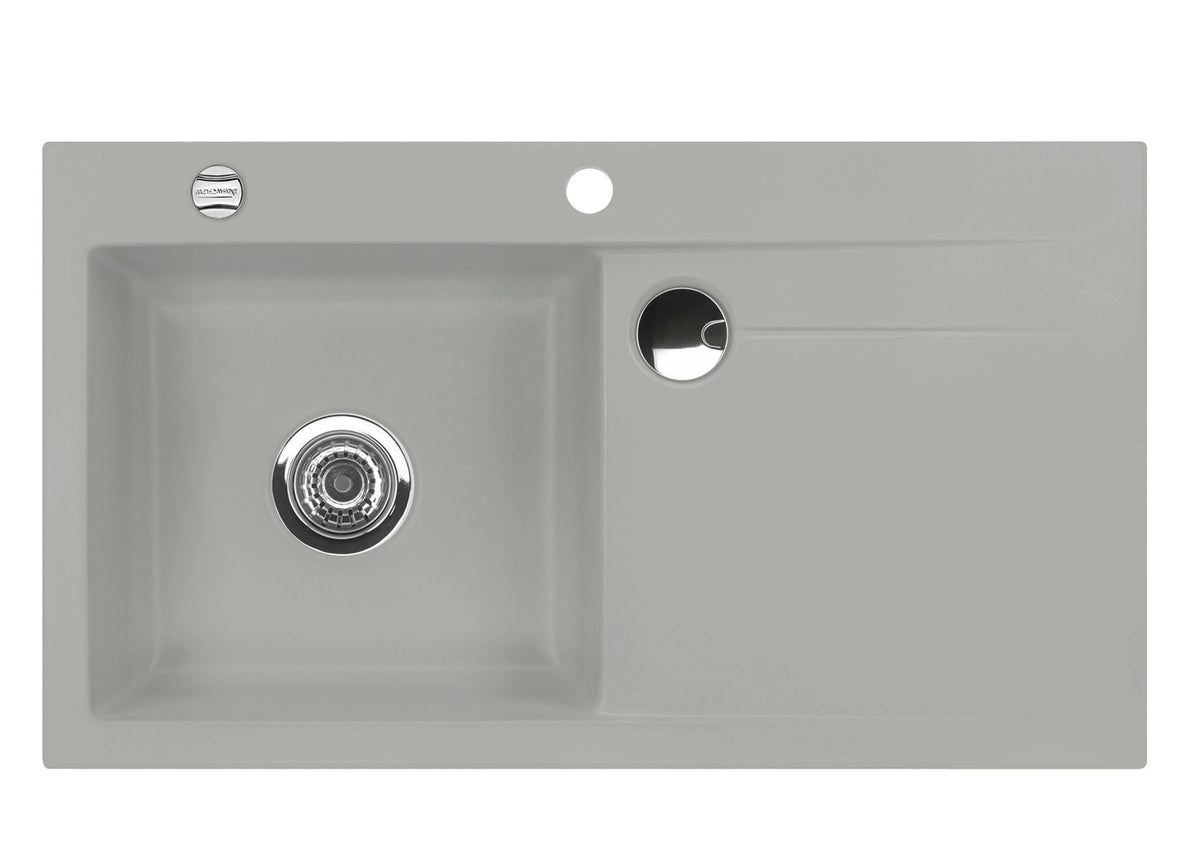 SYSTEMCERAM Einbauspüle Stema 90 F Be. Li. Titan 78 inkl. Handbetätigung, für 60 cm Schrankbreite, Spüle zum flächenbündigen Einbau mit Sinktop Resteausguss, inkl. 4 x Eckradien R 10 Auflage Becken links 55530178