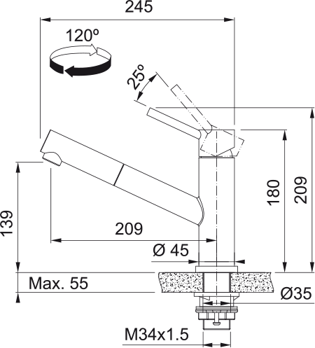 FRANKE Orbit Zugauslauf Edelstahl Obenbedienung 115.0569.461