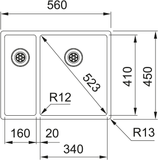 FRANKE Edelstahlbeck BXX260/160-34-16 Edelstahl Handbedienung  127.0375.279
