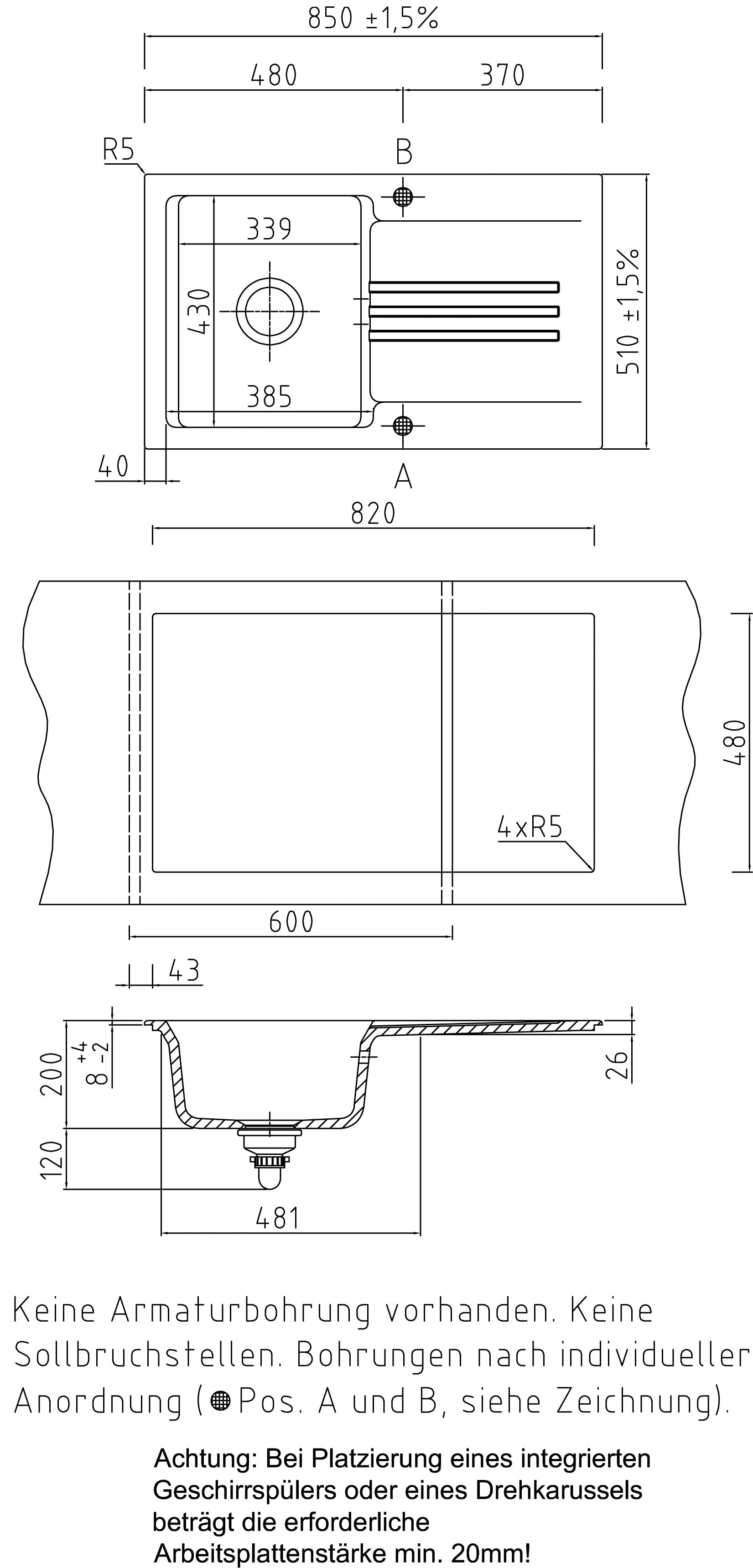 SYSTEMCERAM Einbauspüle Kara 85 Lava 80 inkl. Excenterbetätigung, für 60 cm Schrankbreite, Einbauspüle mit Medio-Matte Alu Auflage reversibel 50000280