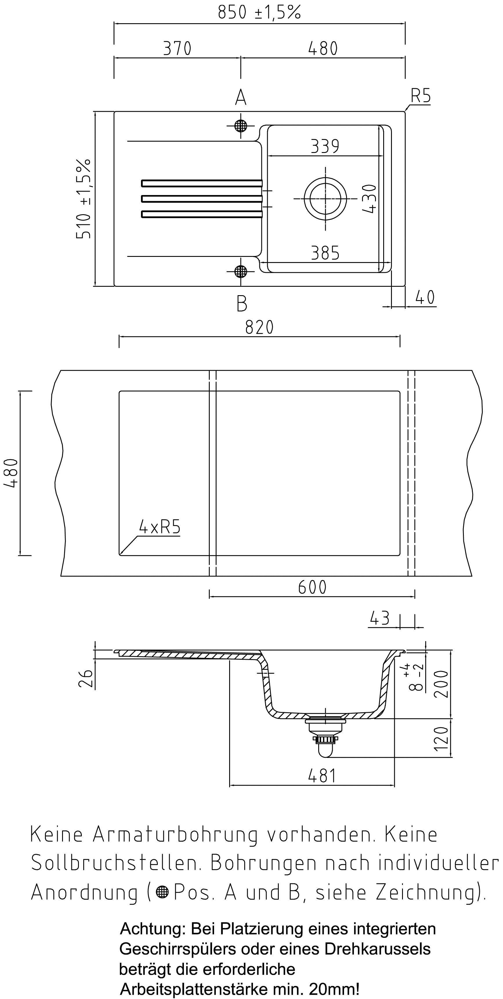 SYSTEMCERAM Einbauspüle Kara 85 Lava 80 inkl. Excenterbetätigung, für 60 cm Schrankbreite, Einbauspüle mit Medio-Matte Alu Auflage reversibel 50000280