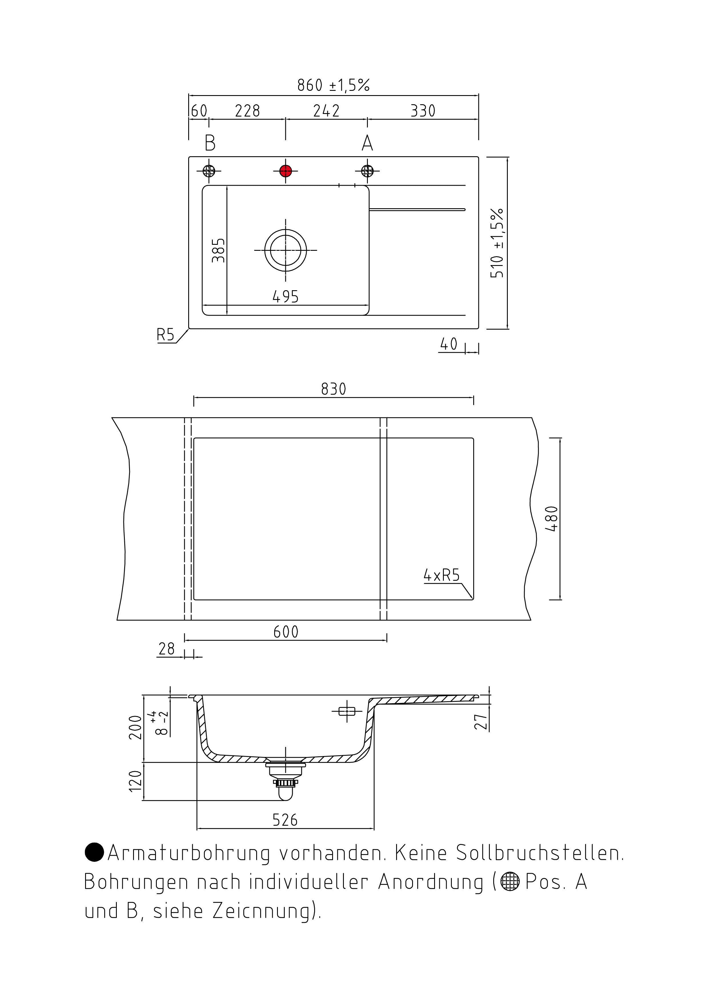 SYSTEMCERAM Einbauspüle Stema 86 SL Be. li. Fango 23 inkl. Handbetätigung, für 60 cm Schrankbreite, Einbauspüle Auflage Becken links 50110123