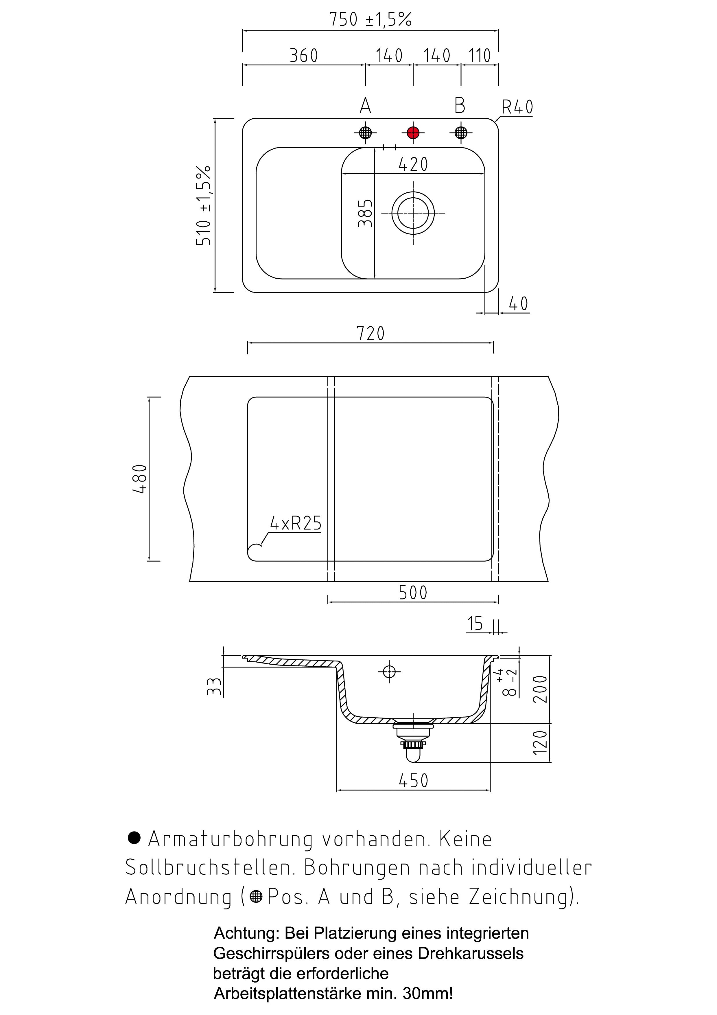 SYSTEMCERAM Einbauspüle Juna 75 Be. Re. Alu 76 inkl. Excenterbetätigung, für 50 cm Schrankbreite, Einbauspüle Auflage Becken rechts 50120276
