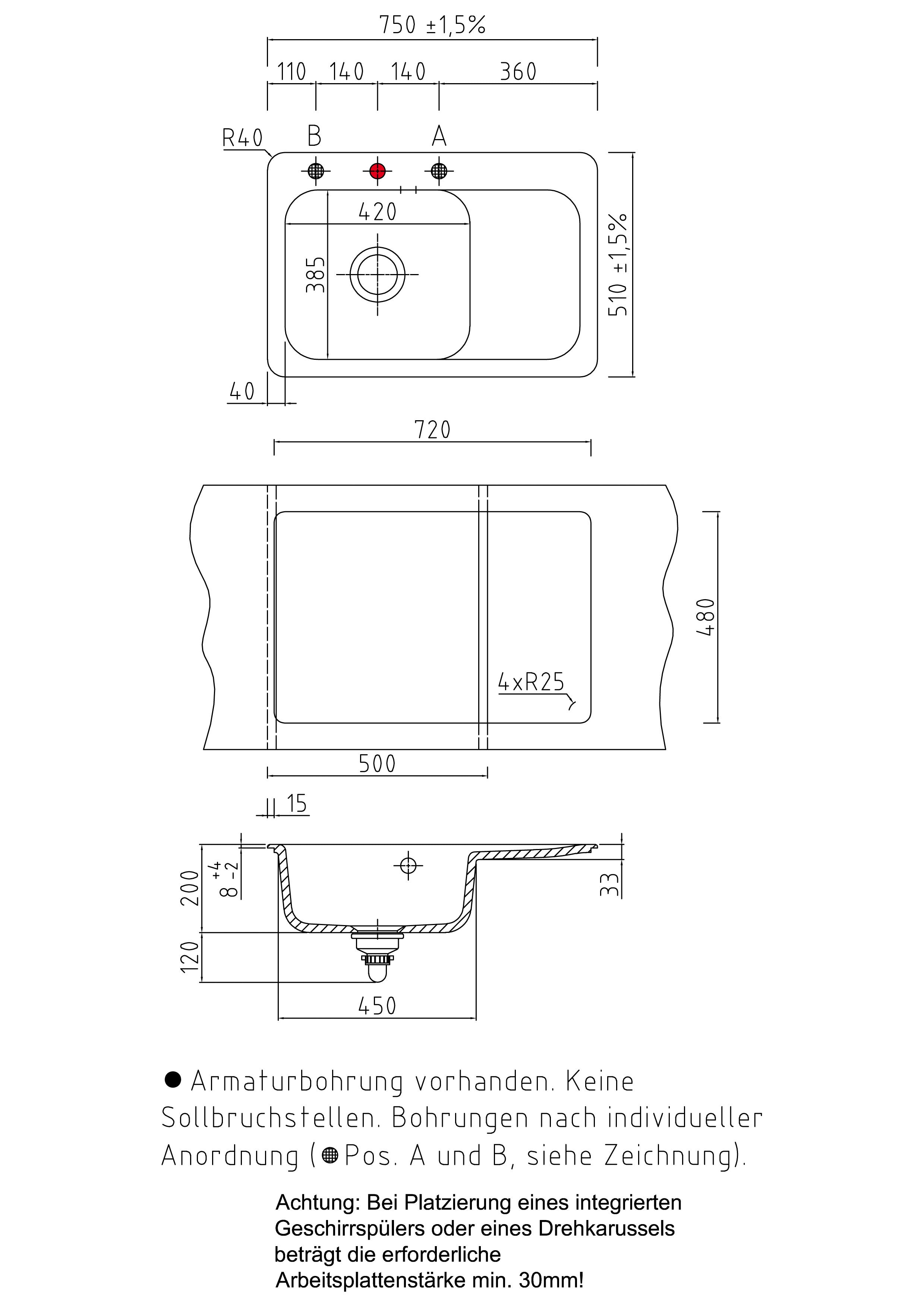 SYSTEMCERAM Einbauspüle Juna 75 Be. Li. Nigra 87 inkl. Excenterbetätigung, für 50 cm Schrankbreite, Einbauspüle Auflage Becken links 50130287