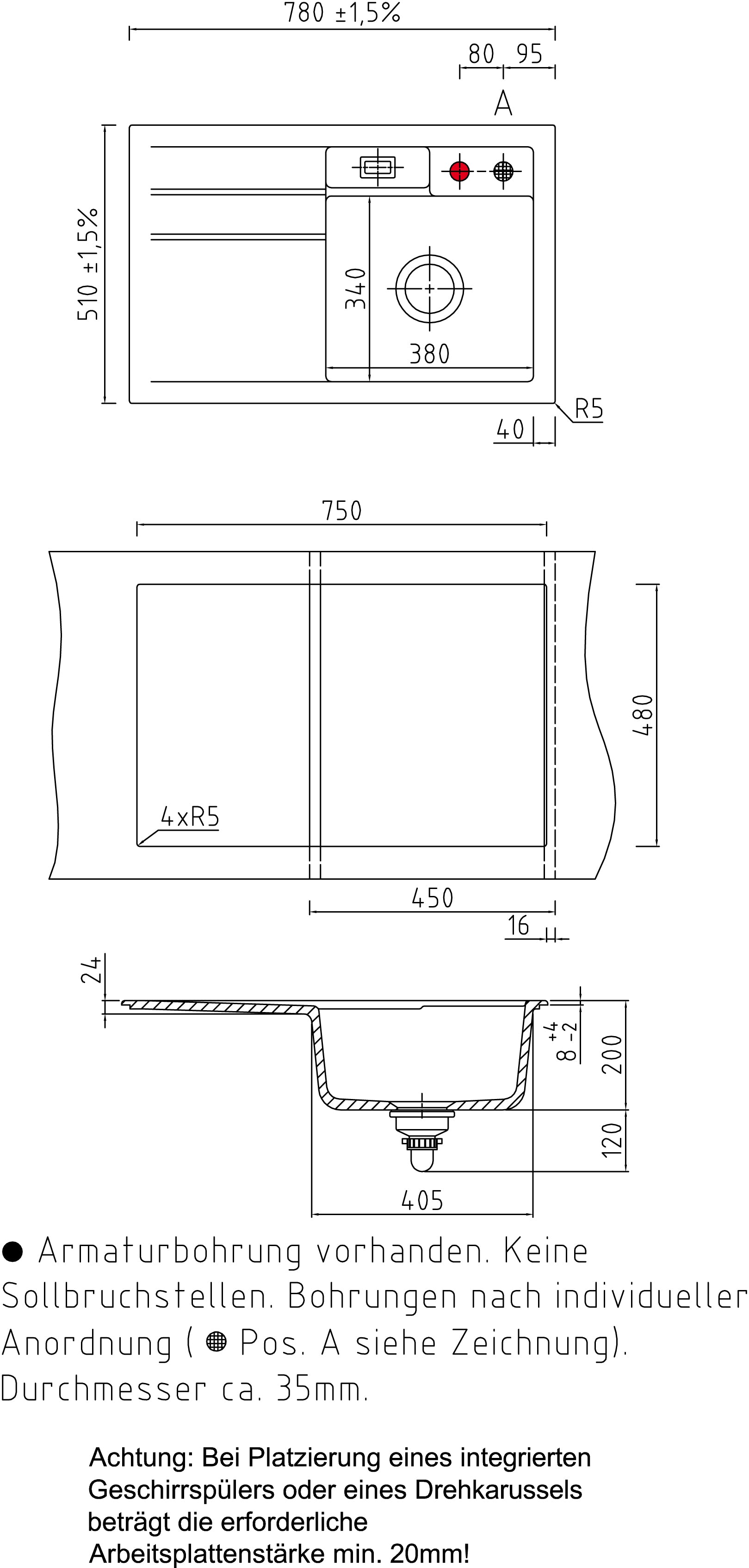 SYSTEMCERAM Einbauspüle Bela 78 Be. Re. Schiefer 85 inkl. Handbetätigung, für 45 cm Schrankbreite, Einbauspüle Auflage Becken rechts 50180185