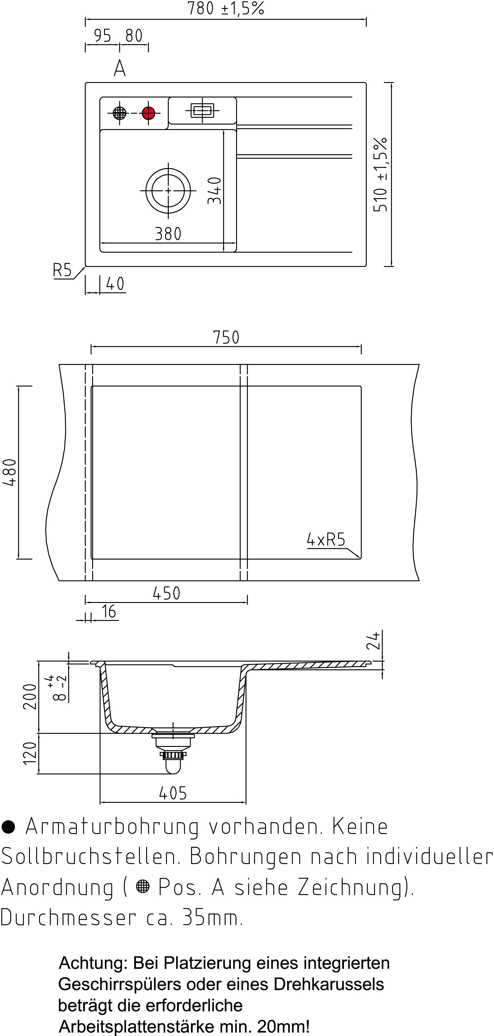 SYSTEMCERAM Einbauspüle Bela 78 Be. li. Nigra 87 inkl. Handbetätigung, für 45 cm Schrankbreite, Einbauspüle Auflage Becken links 50190187